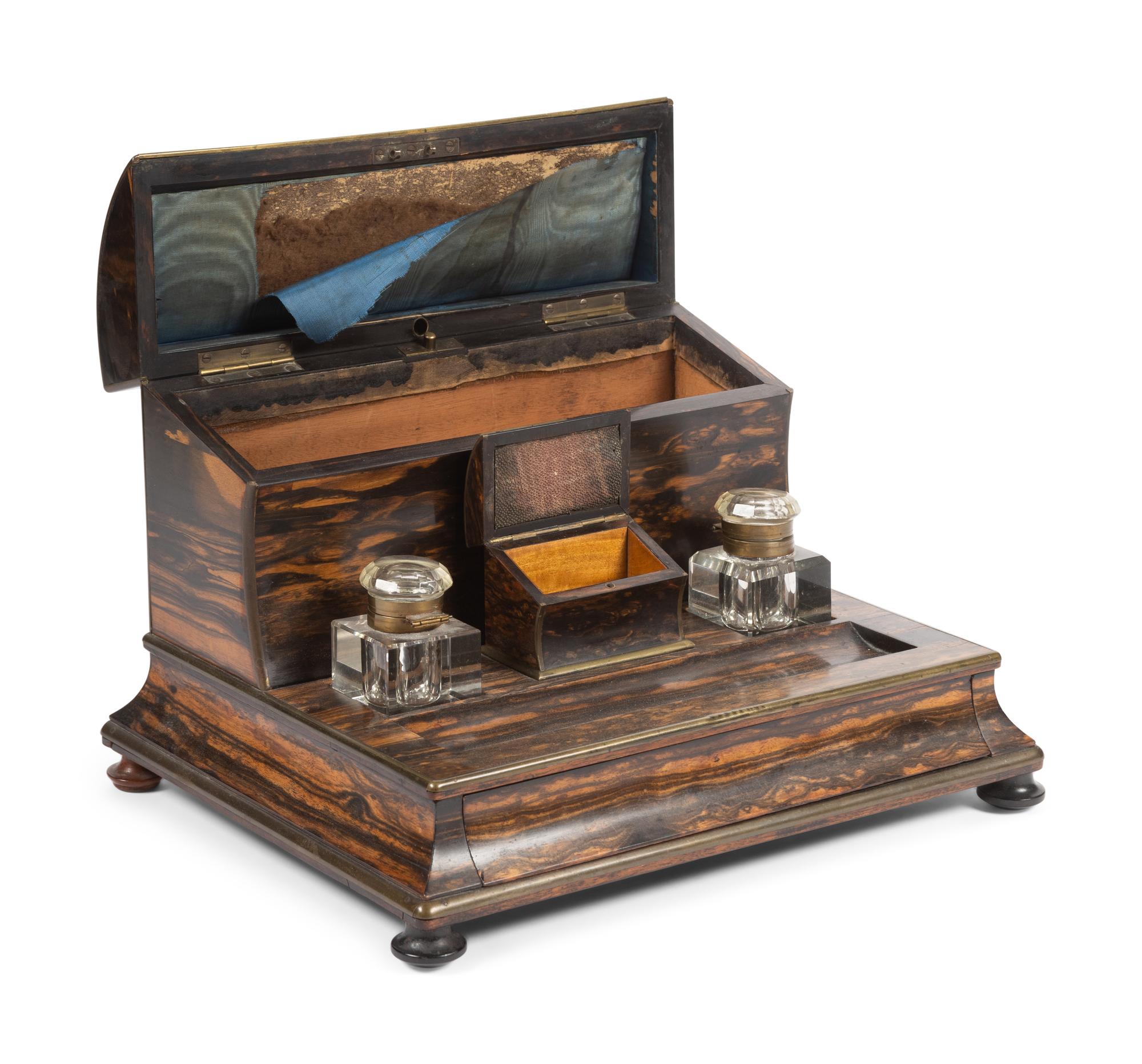 A Victorian Brass-Mounted Calamander Ink Stand and Letter Box