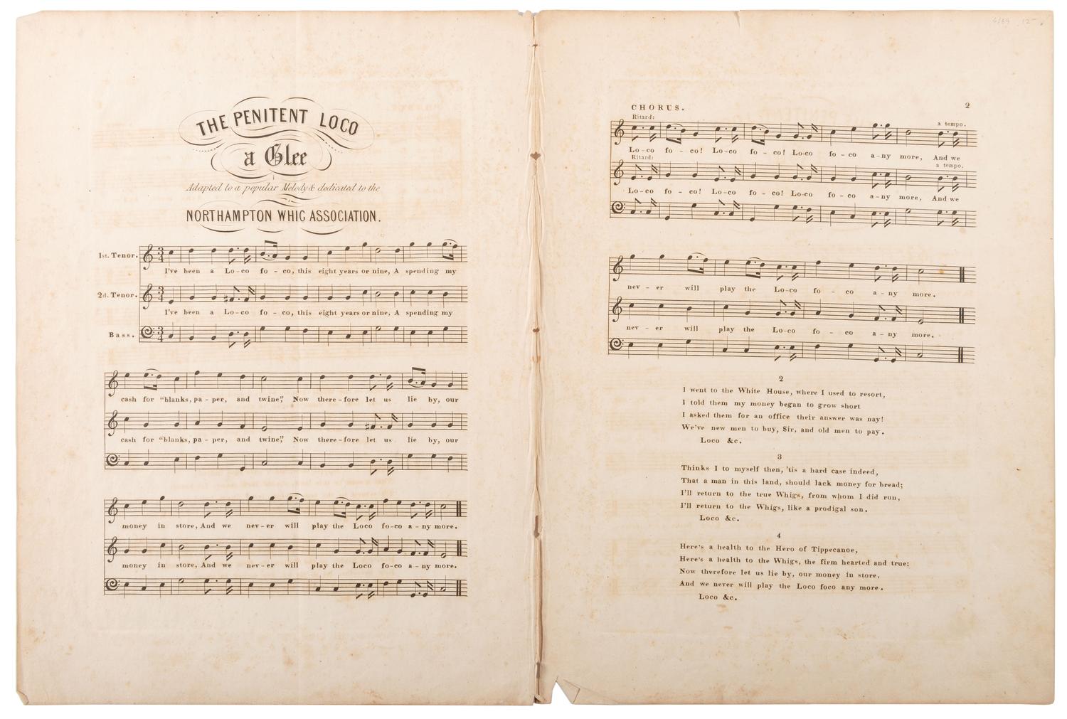 [HARRISON, William Henry]. Lithograph, sheet music, and other ephemera related to William Henry Harrison and the Whig party, comprising: