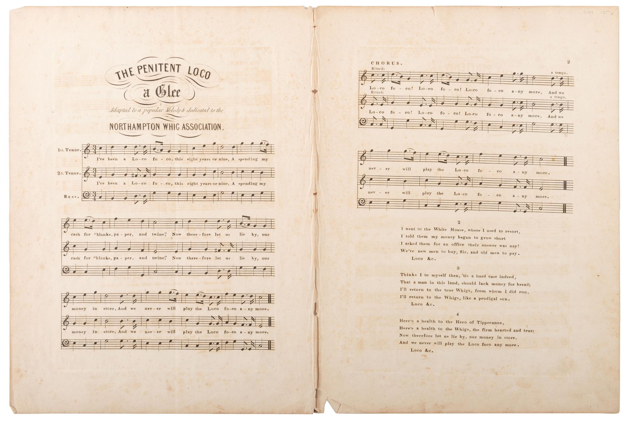 [HARRISON, William Henry]. Lithograph, sheet music, and other ephemera related to William Henry Harrison and the Whig party, comprising: