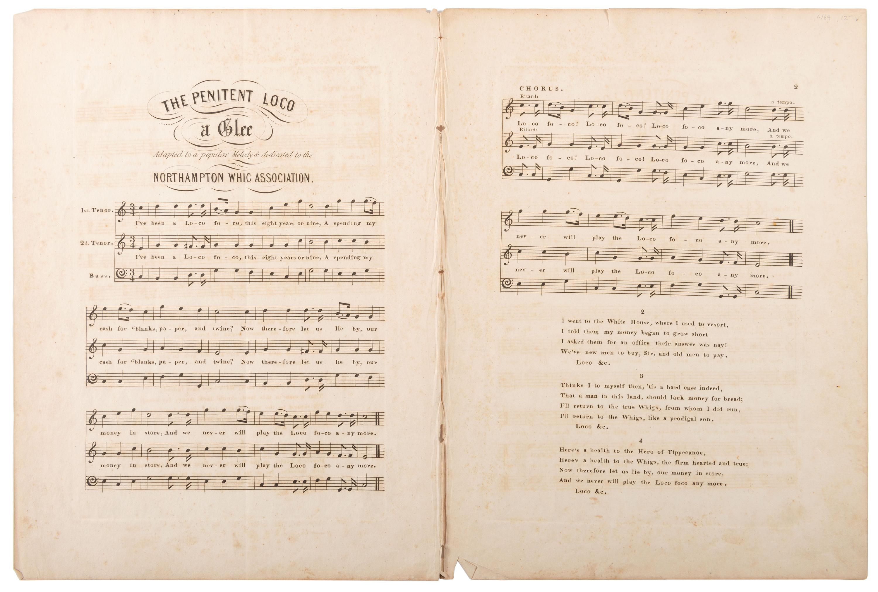[HARRISON, William Henry]. Lithograph, sheet music, and other ephemera related to William Henry Harrison and the Whig party, comprising: