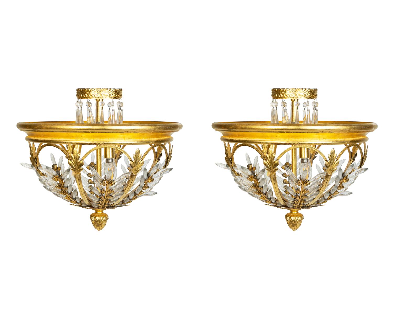 A Pair of Gilt Metal and Cut Glass Ceiling Fixtures — 20th Century