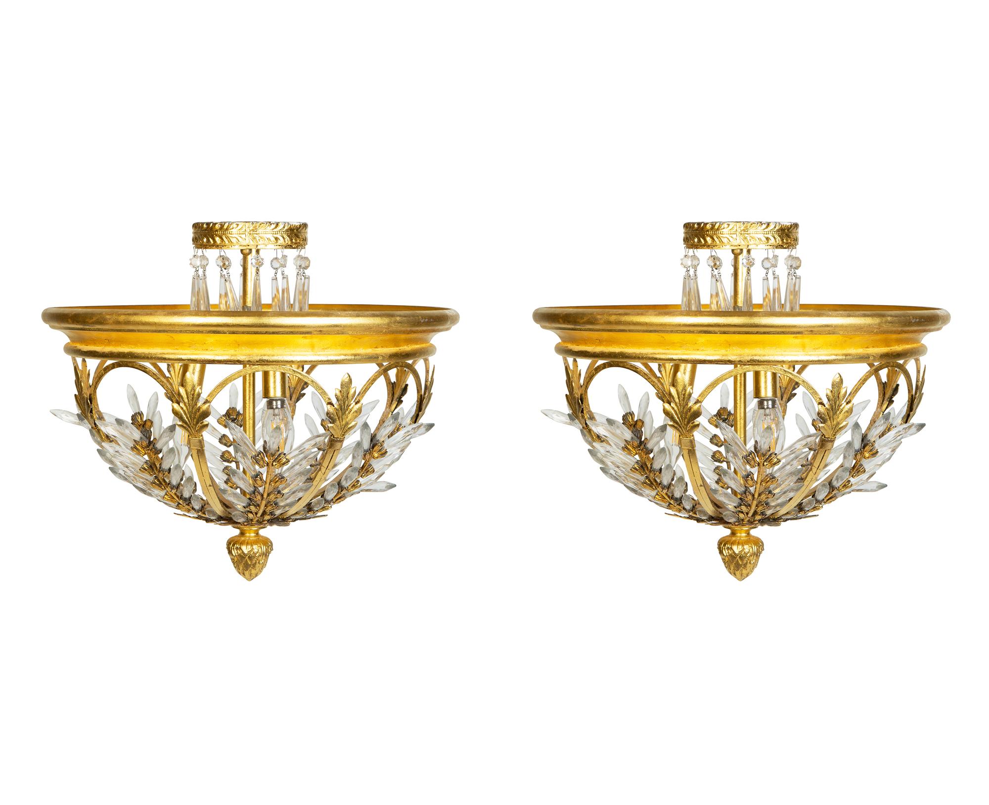 A Pair of Gilt Metal and Cut Glass Ceiling Fixtures — 20th Century