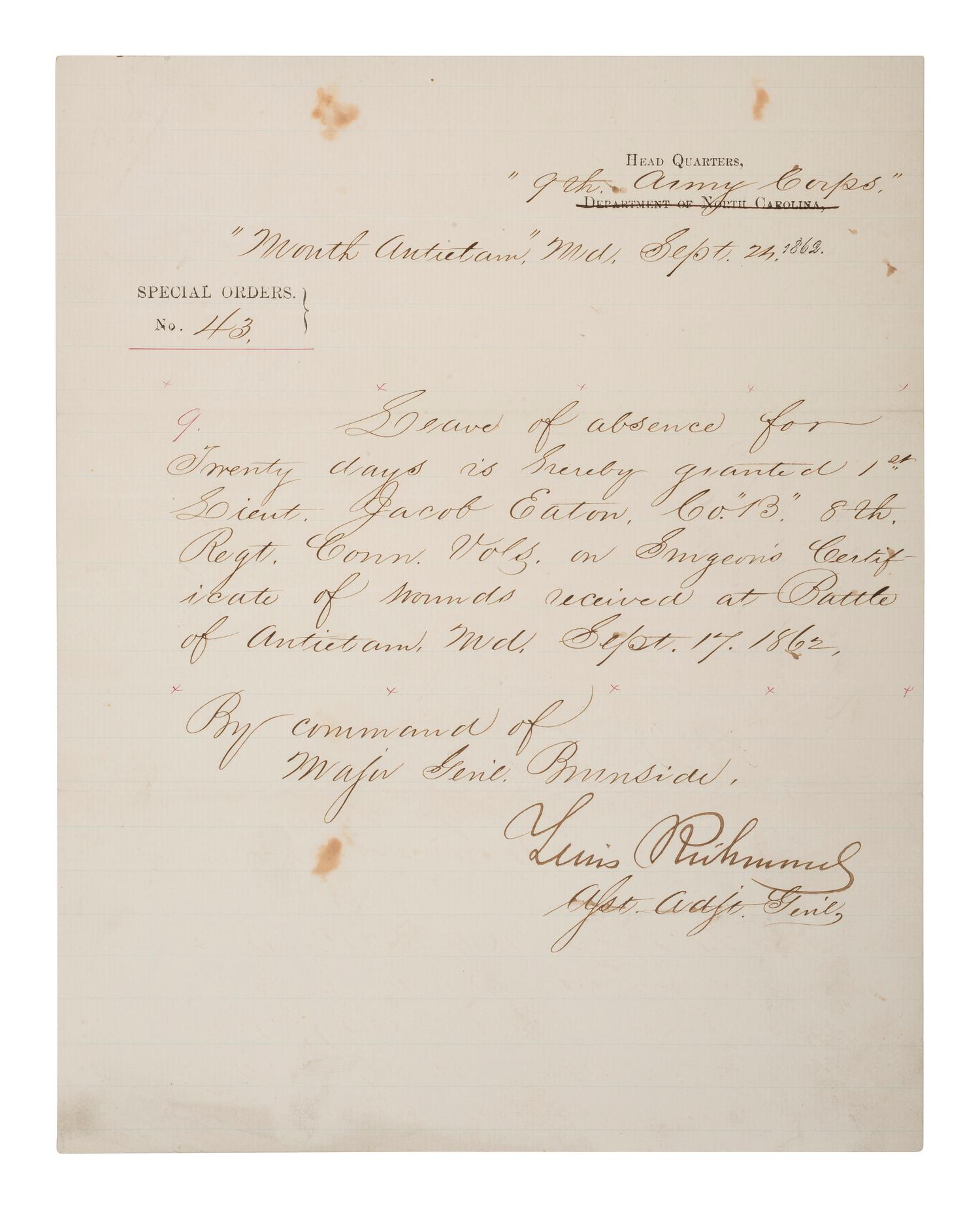[CIVIL WAR]. A group of items related to Brevet Brigadier General Lewis RICHMOND (1824-1894).