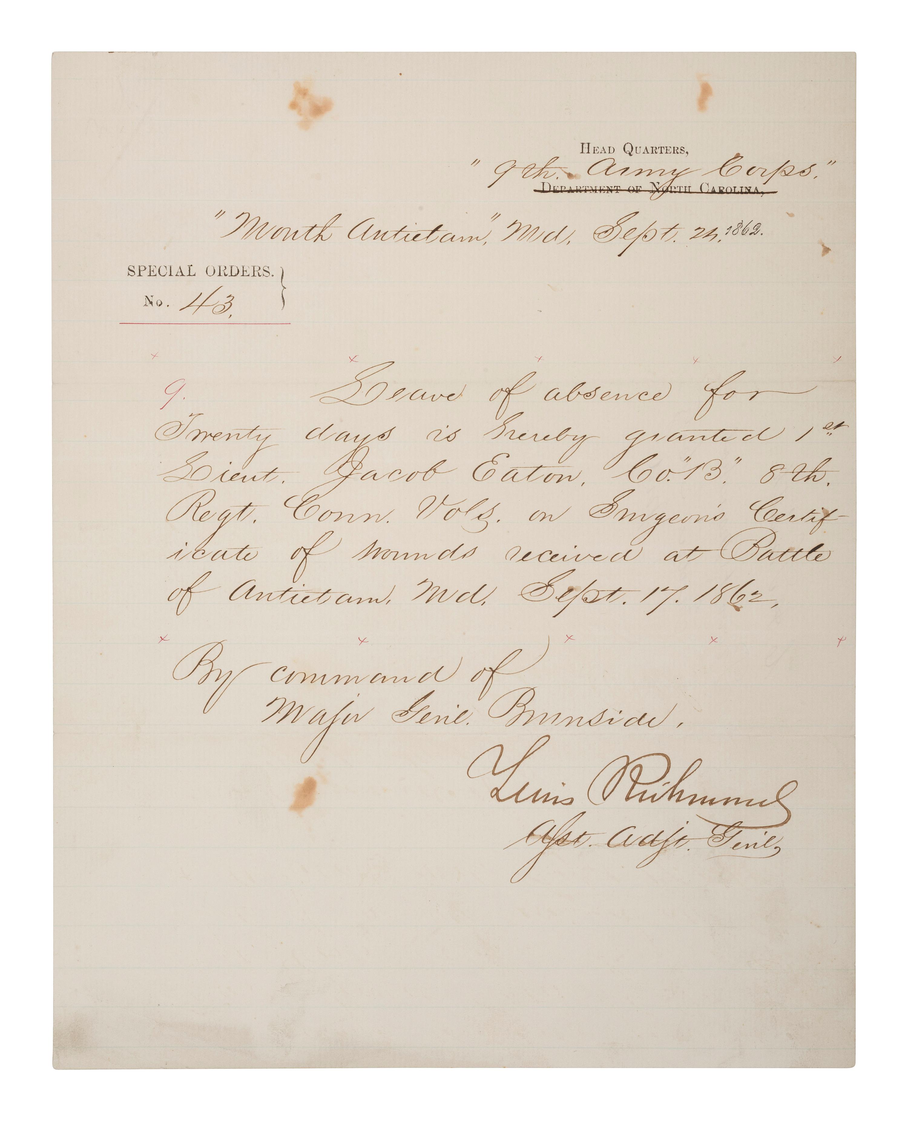 [CIVIL WAR]. A group of items related to Brevet Brigadier General Lewis RICHMOND (1824-1894).