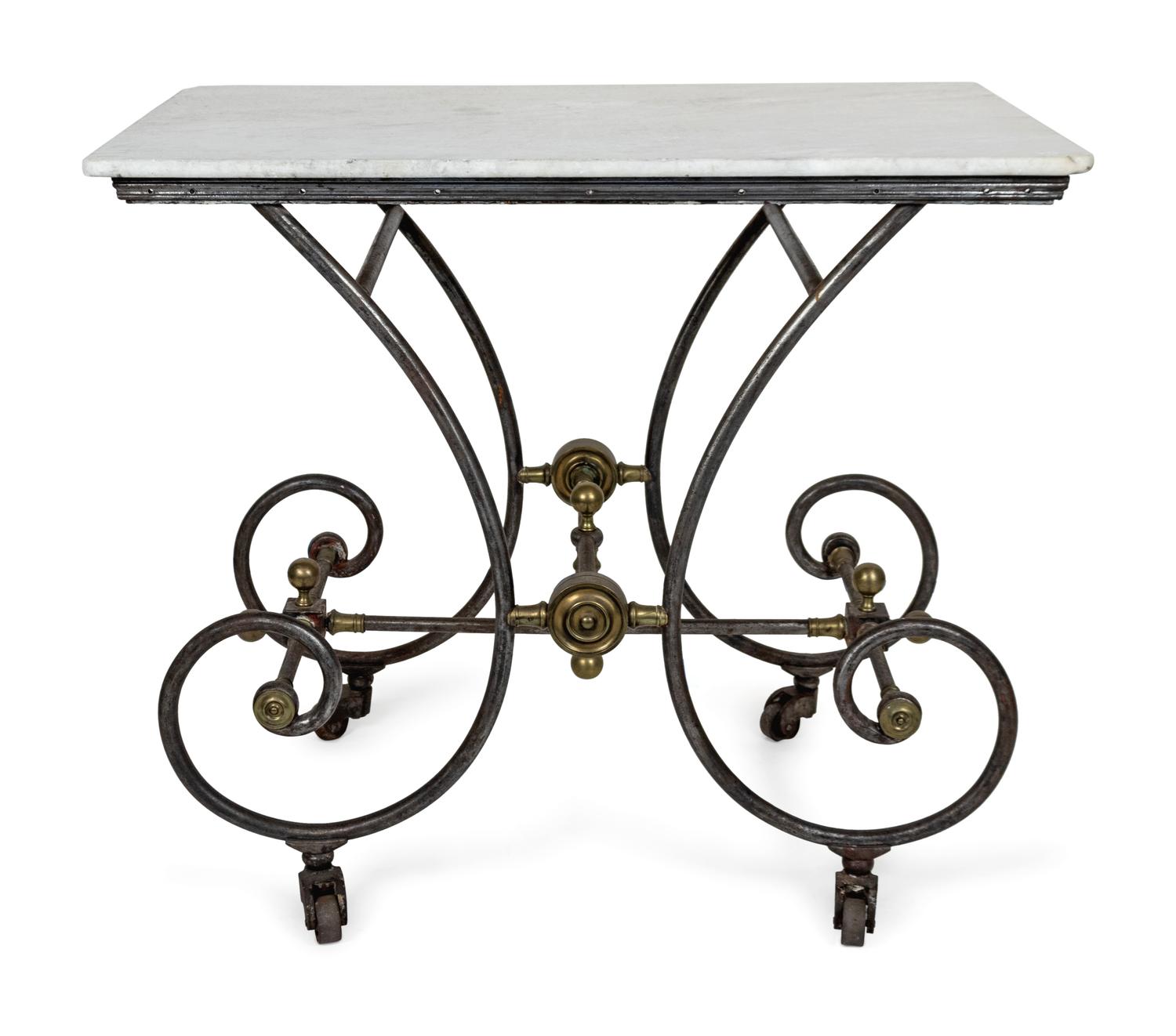 A French Brass-Mounted Wrought-Iron and Marble Baker's Table