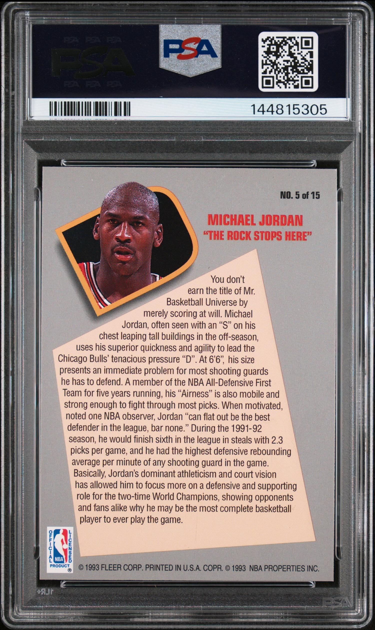 A 1992-93 Fleer Michael Jordan Total D Basketball Card No. 5 (PSA 8 NM-MT)