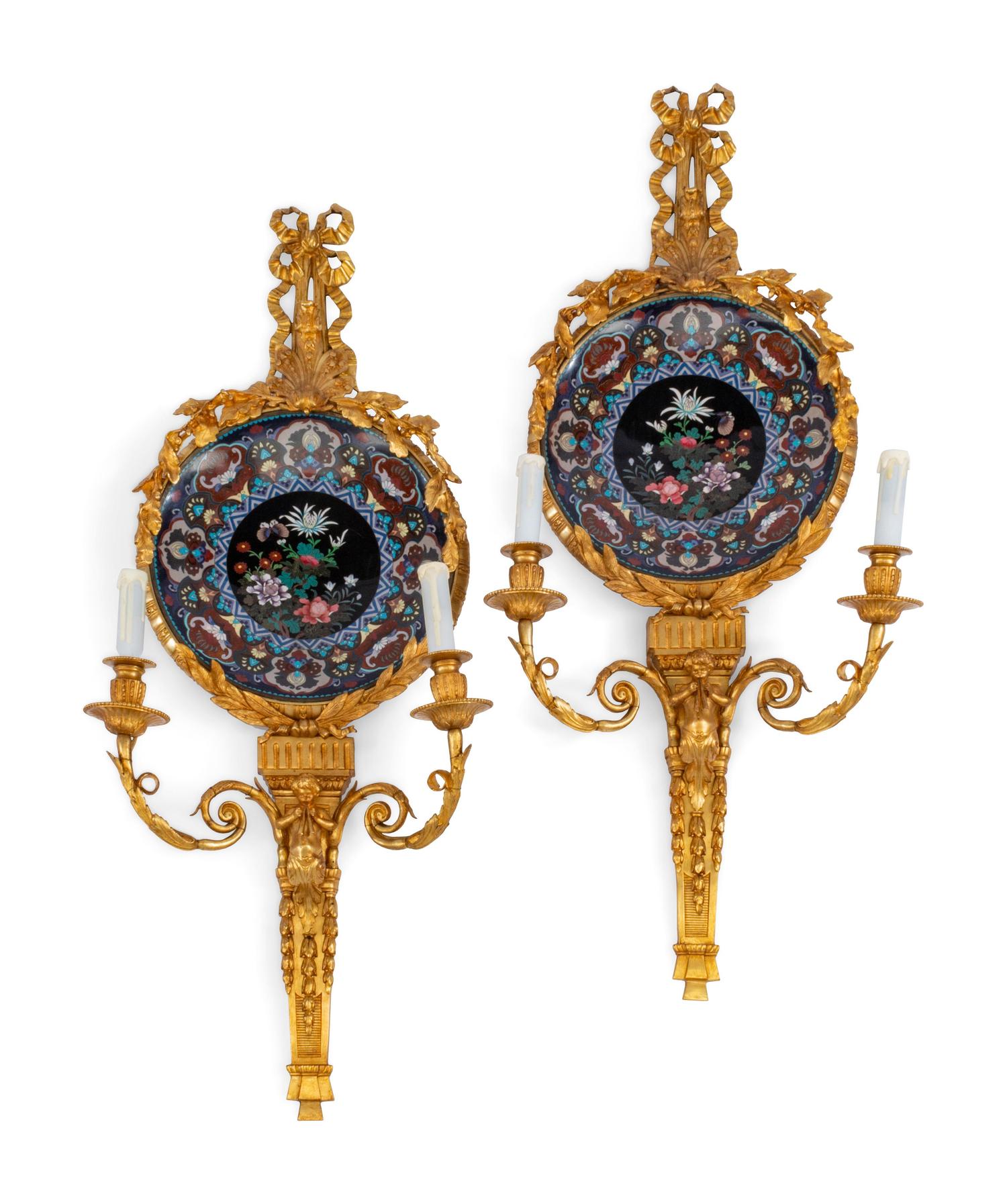A Pair of Louis XV Style Cloisonné Enameled Gilt Bronze Sconces