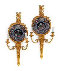 A Pair of Louis XV Style Cloisonné Enameled Gilt Bronze Sconces