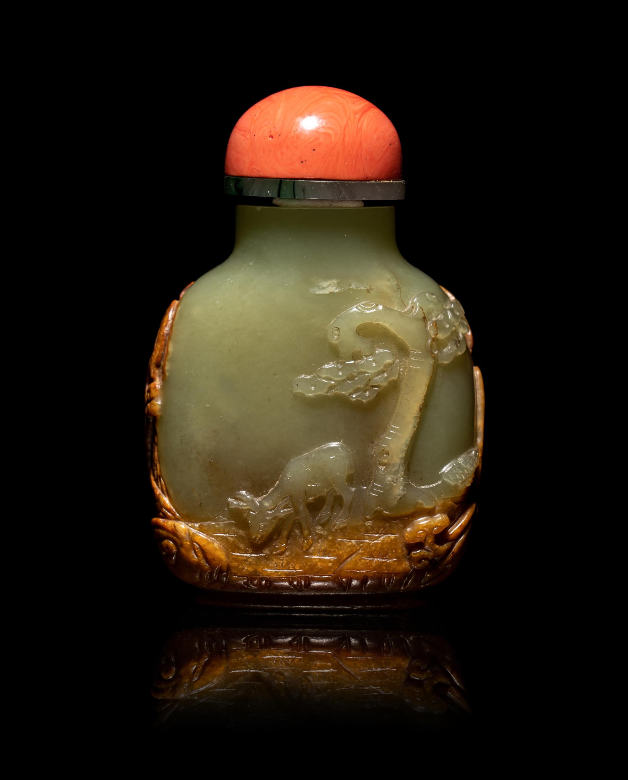 A Chinese Russet and Yellow Jade Snuff Bottle