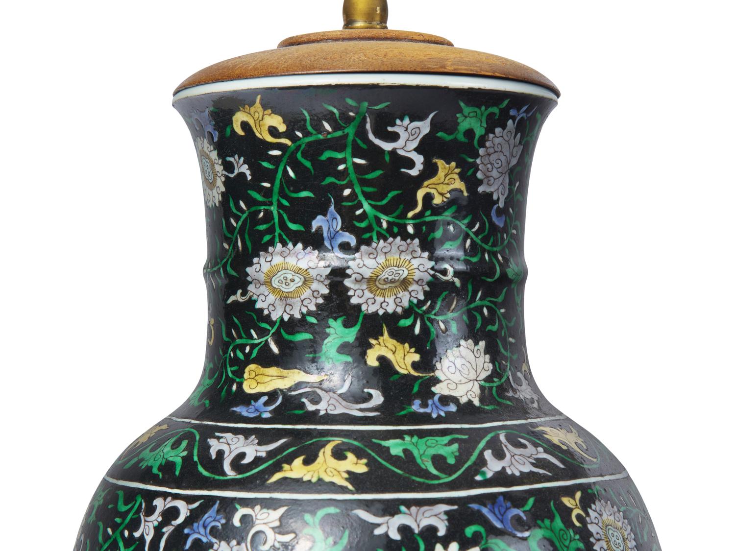 A Pair of Chinese Export Porcelain Famille-Noire Vases Mounted as Lamps