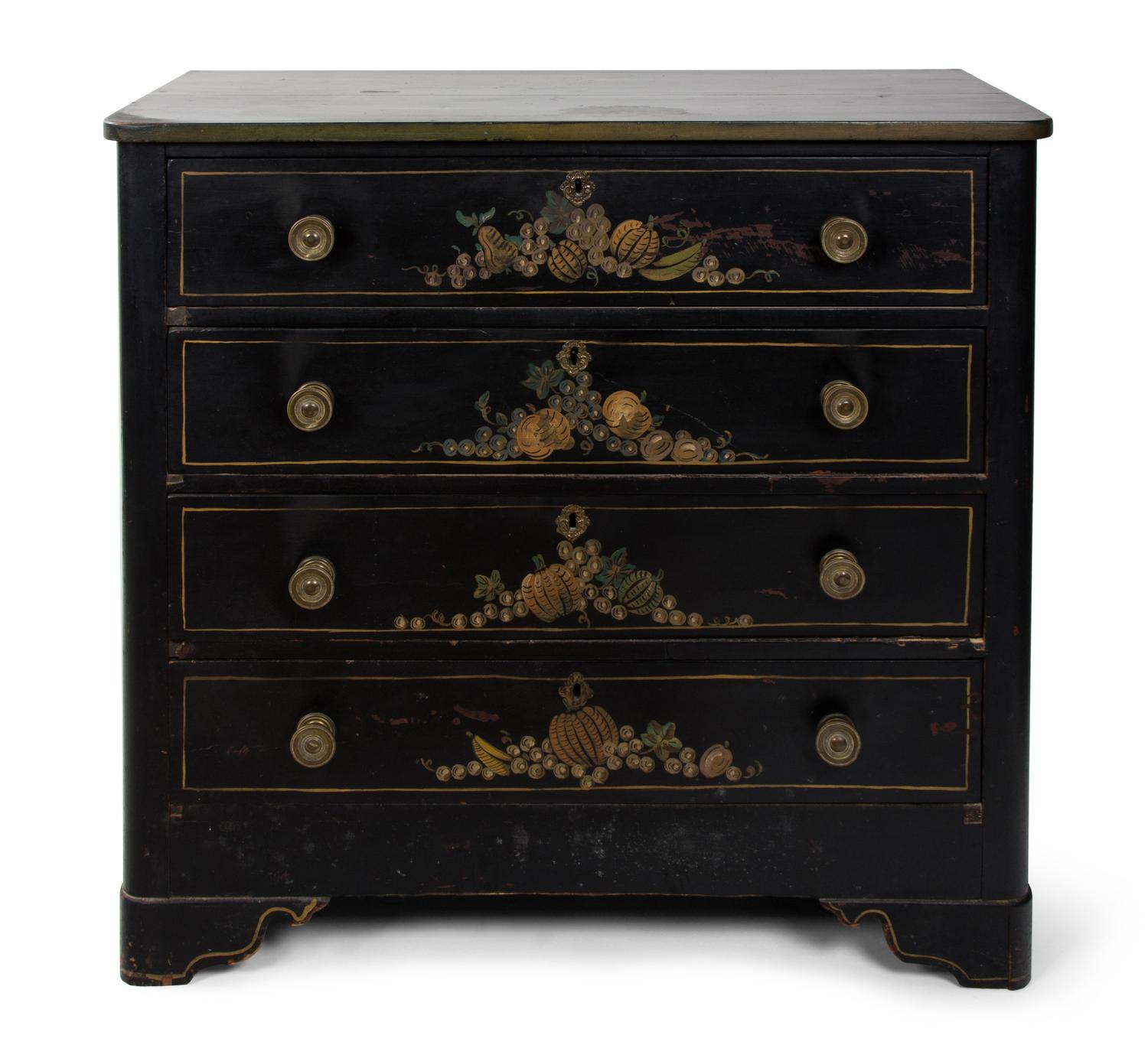 An American Ebonized and Gilt Decorated Chest of Drawers Height 37 1/2 x width 39 x depth 18 1/2 inches. — 20TH CENTURY