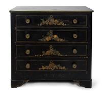 An American Ebonized and Gilt Decorated Chest of Drawers Height 37 1/2 x width 39 x depth 18 1/2 inches. — 20TH CENTURY