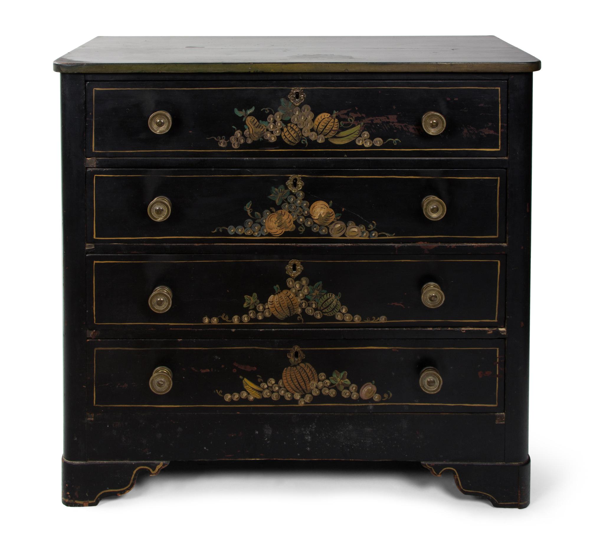 An American Ebonized and Gilt Decorated Chest of Drawers Height 37 1/2 x width 39 x depth 18 1/2 inches. — 20TH CENTURY