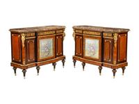 A Pair of Louis XVI Style Gilt Bronze and Porcelain Mounted Parquetry Marble-Top Console Cabinets