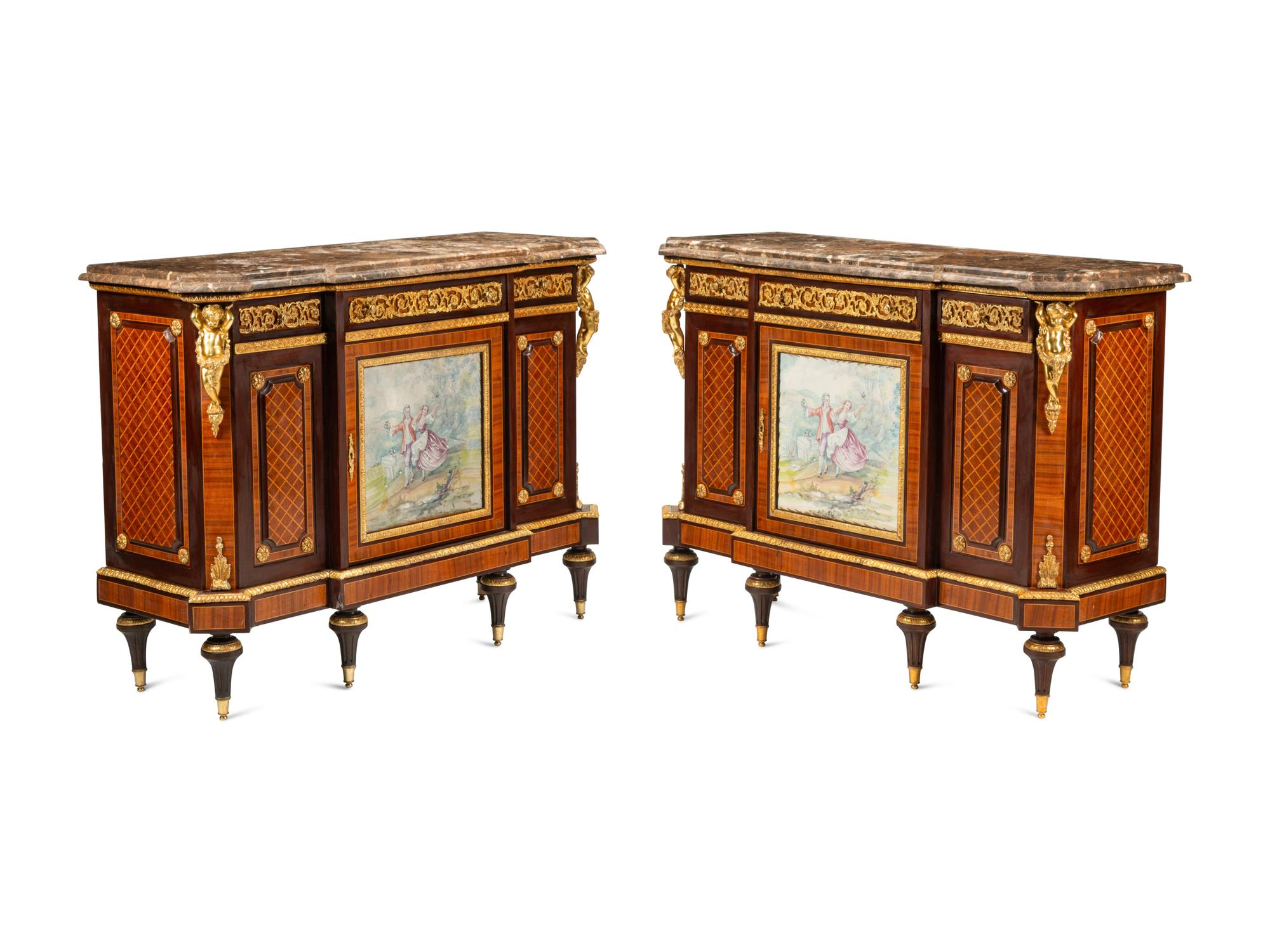 A Pair of Louis XVI Style Gilt Bronze and Porcelain Mounted Parquetry Marble-Top Console Cabinets