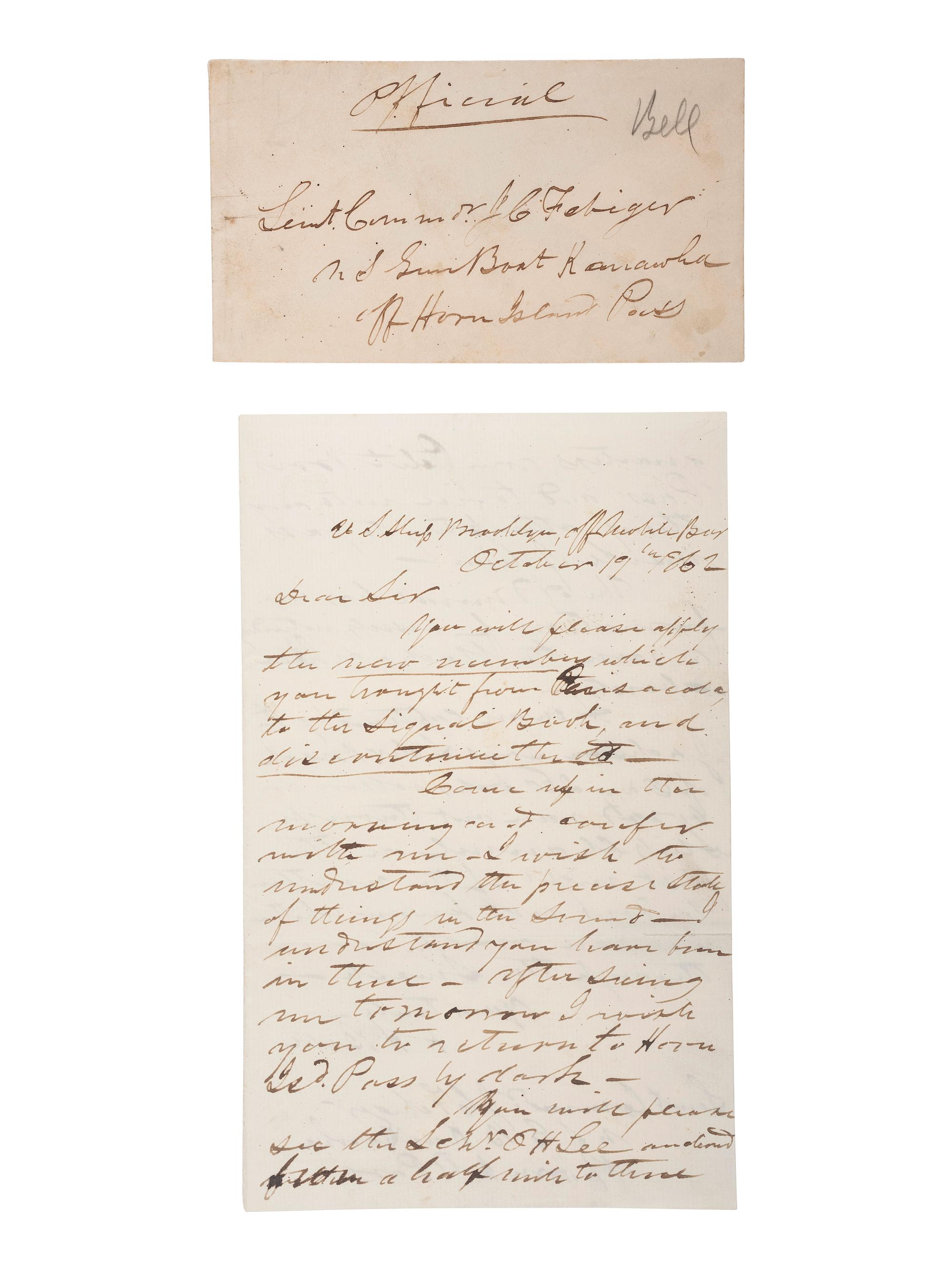 [CIVIL WAR - NAVY]. A group of 2 letters with Mobile Bay interest, including the Battle of Spanish Fort, comprising: