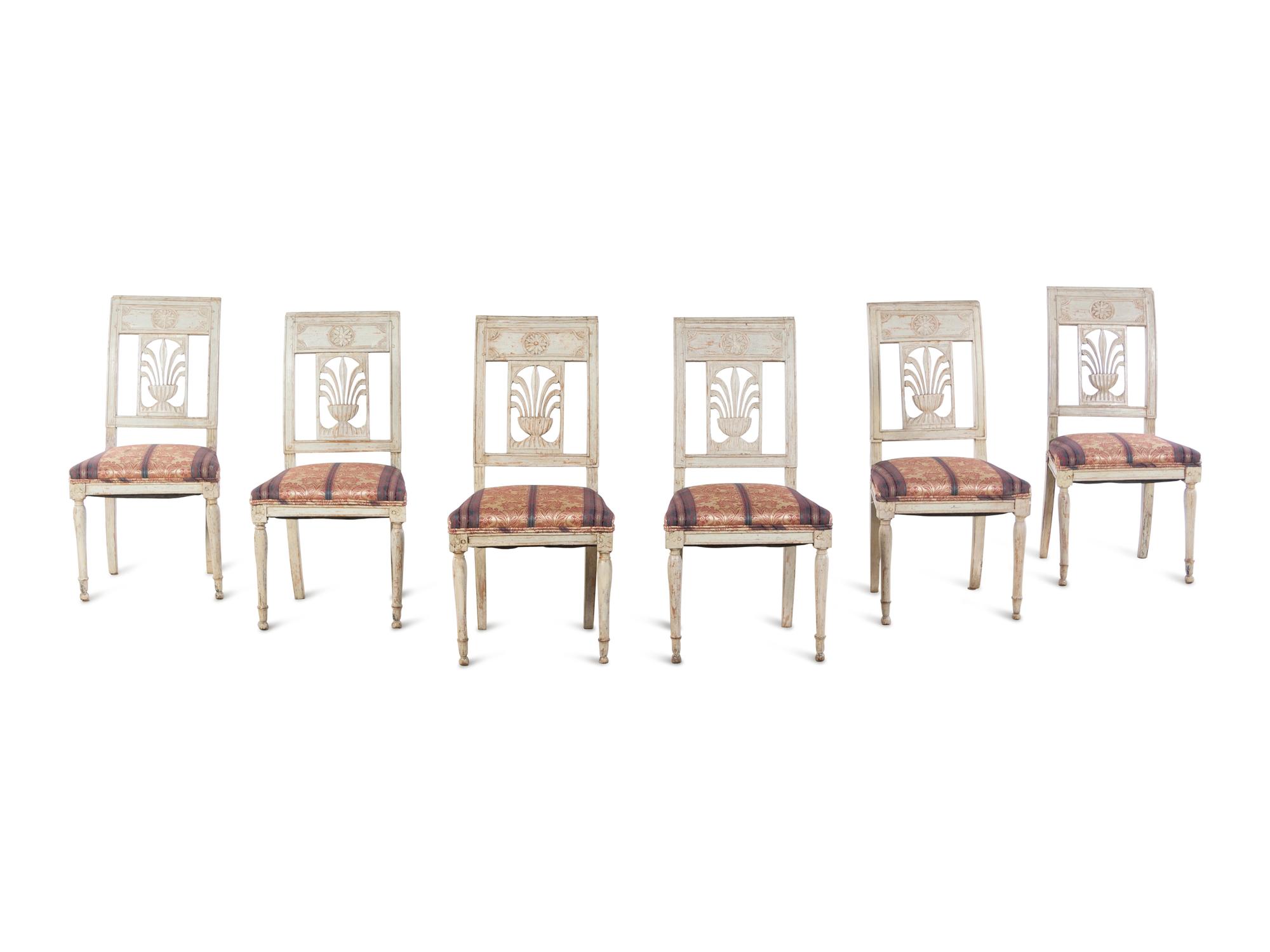 A Set of Six Italian Neoclassical Carved and Painted Side Chairs