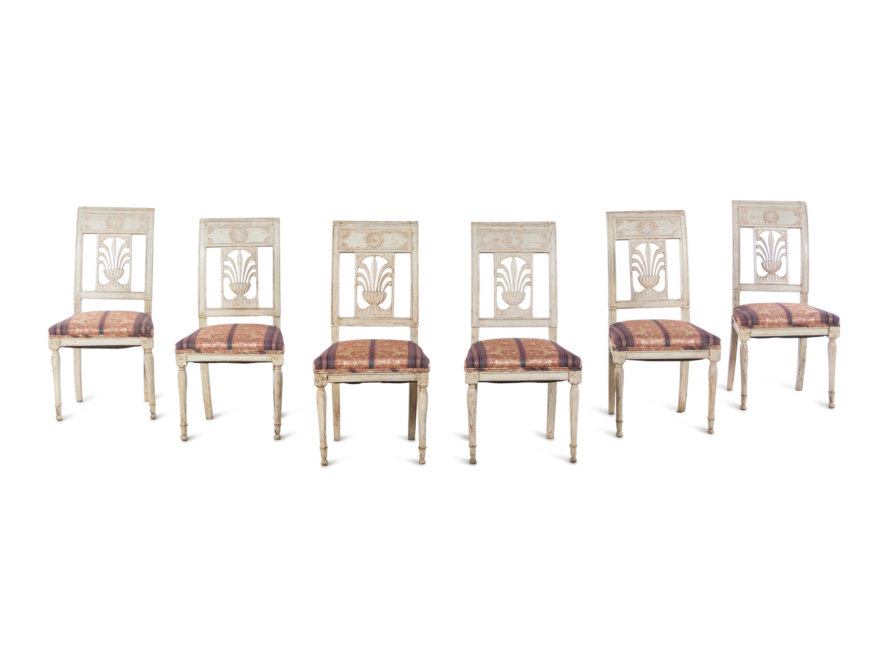 A Set of Six Italian Neoclassical Carved and Painted Side Chairs