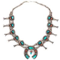 Southwestern-style Silver, Turquoise, and Coral Squash Blossom Necklace