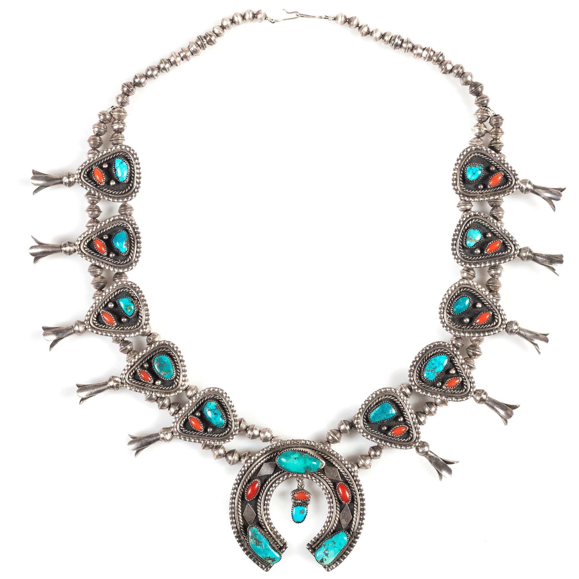 Southwestern-style Silver, Turquoise, and Coral Squash Blossom Necklace