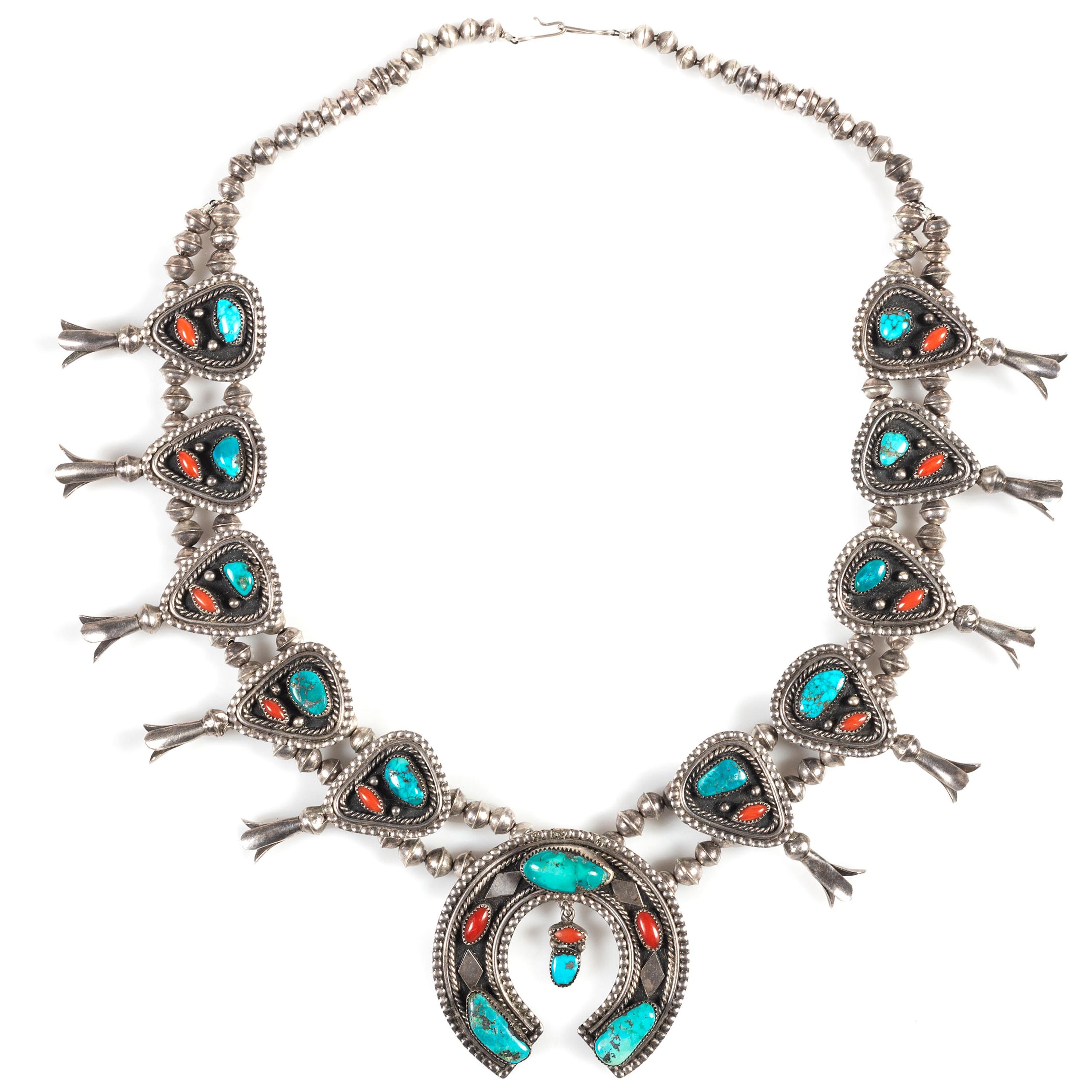 Southwestern-style Silver, Turquoise, and Coral Squash Blossom Necklace