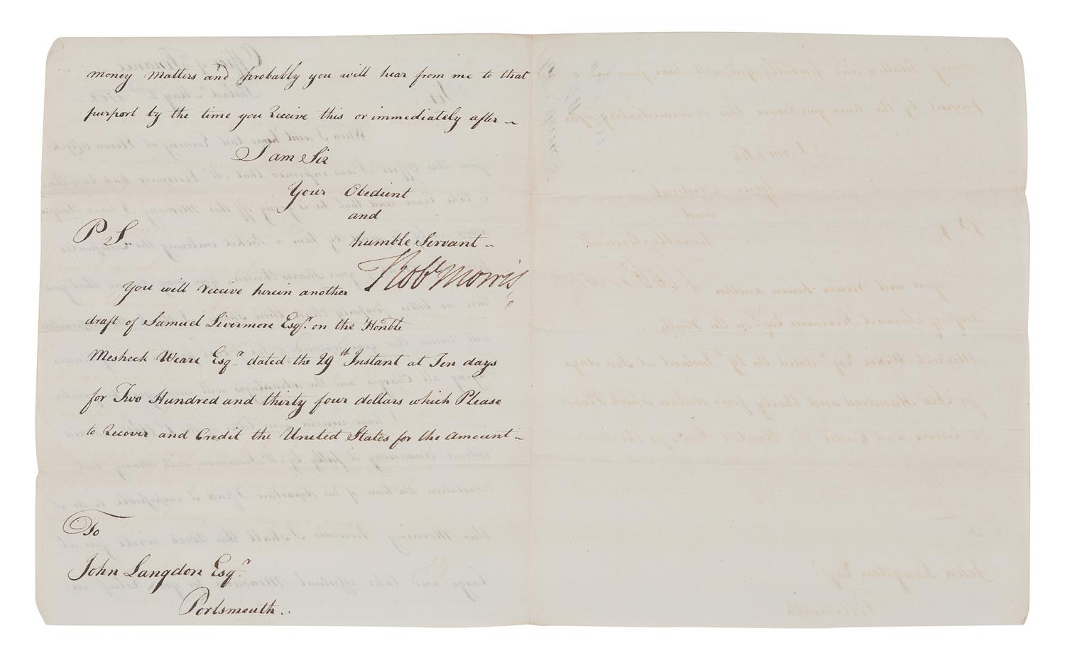 MORRIS, Robert (1734-1806), as U. S. Superintendent of Finance. Letter signed (“Rob’t Morris”), to John Langdon. Office of Finance, Philadelphia, 2 May 1782.