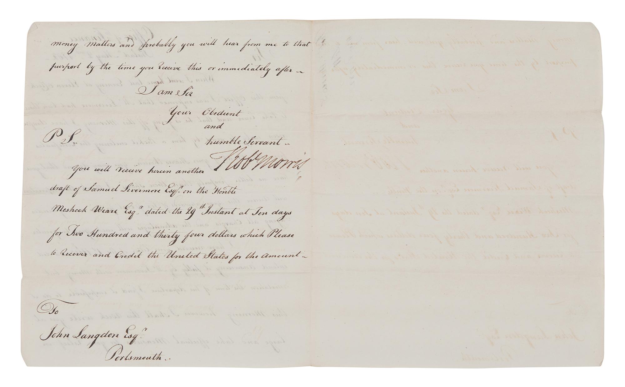 MORRIS, Robert (1734-1806), as U. S. Superintendent of Finance. Letter signed (“Rob’t Morris”), to John Langdon. Office of Finance, Philadelphia, 2 May 1782.