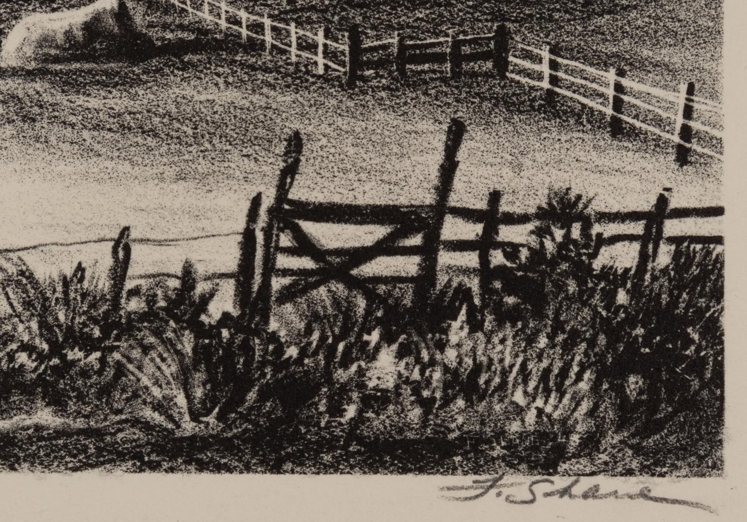 A group of four American prints (Philip Cheney, Sweet Water ; Fred Shane, Farm in the Rockies ; Lynd Ward, The Corral - Tres Cumbres ; Edward A. Wilson, Hog Back Meeting House )