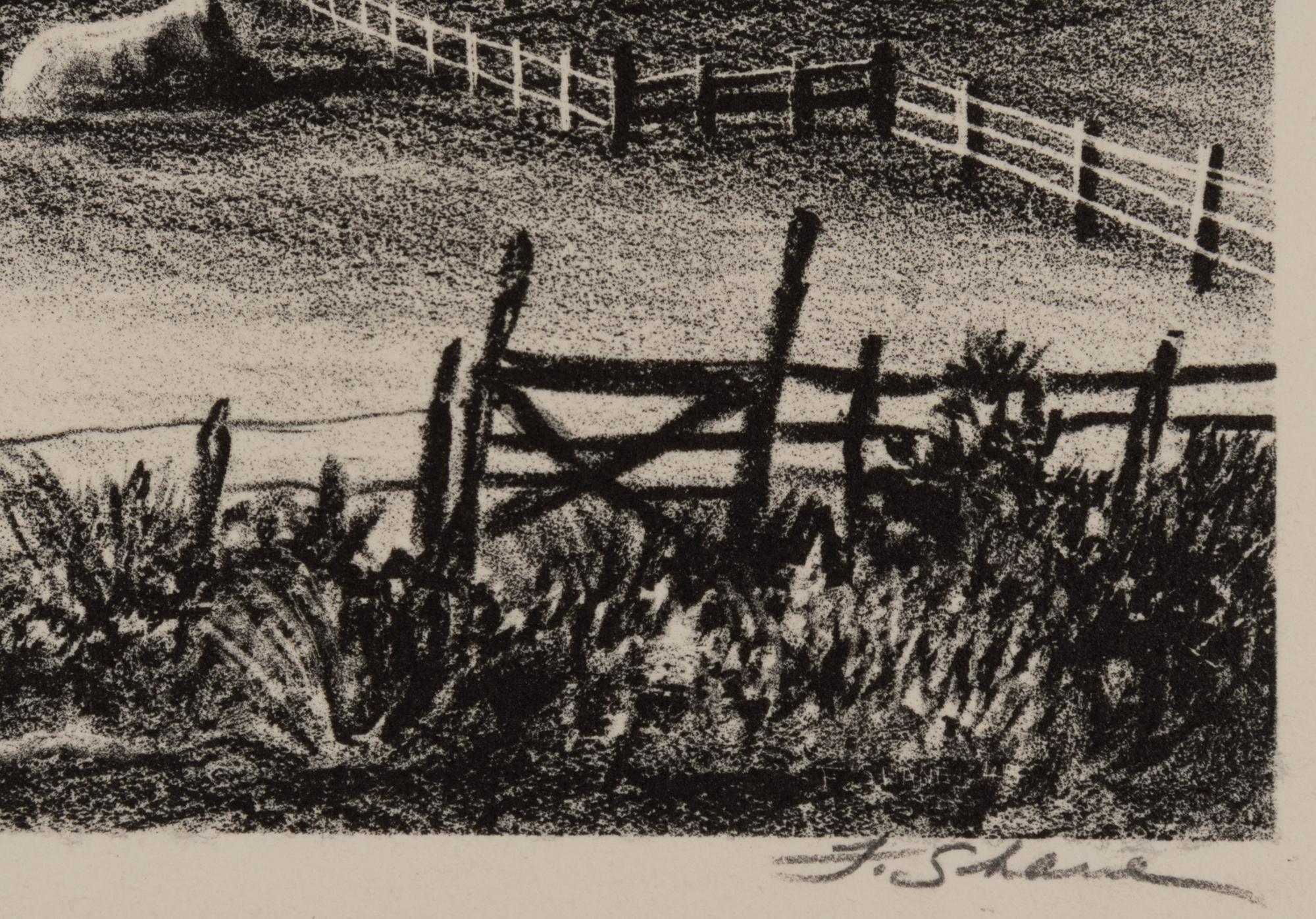 A group of four American prints (Philip Cheney, Sweet Water ; Fred Shane, Farm in the Rockies ; Lynd Ward, The Corral - Tres Cumbres ; Edward A. Wilson, Hog Back Meeting House )