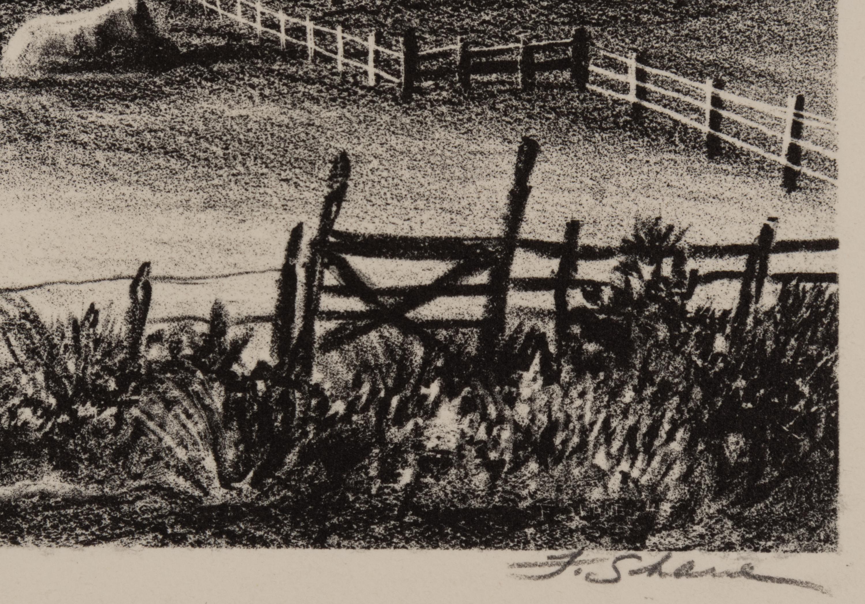 A group of four American prints (Philip Cheney, Sweet Water ; Fred Shane, Farm in the Rockies ; Lynd Ward, The Corral - Tres Cumbres ; Edward A. Wilson, Hog Back Meeting House )