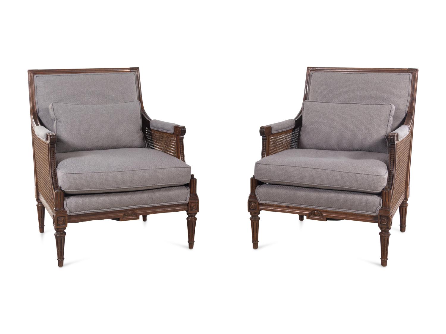 A Pair of Louis XVI Style Walnut Armchairs with Flannel Upholstery