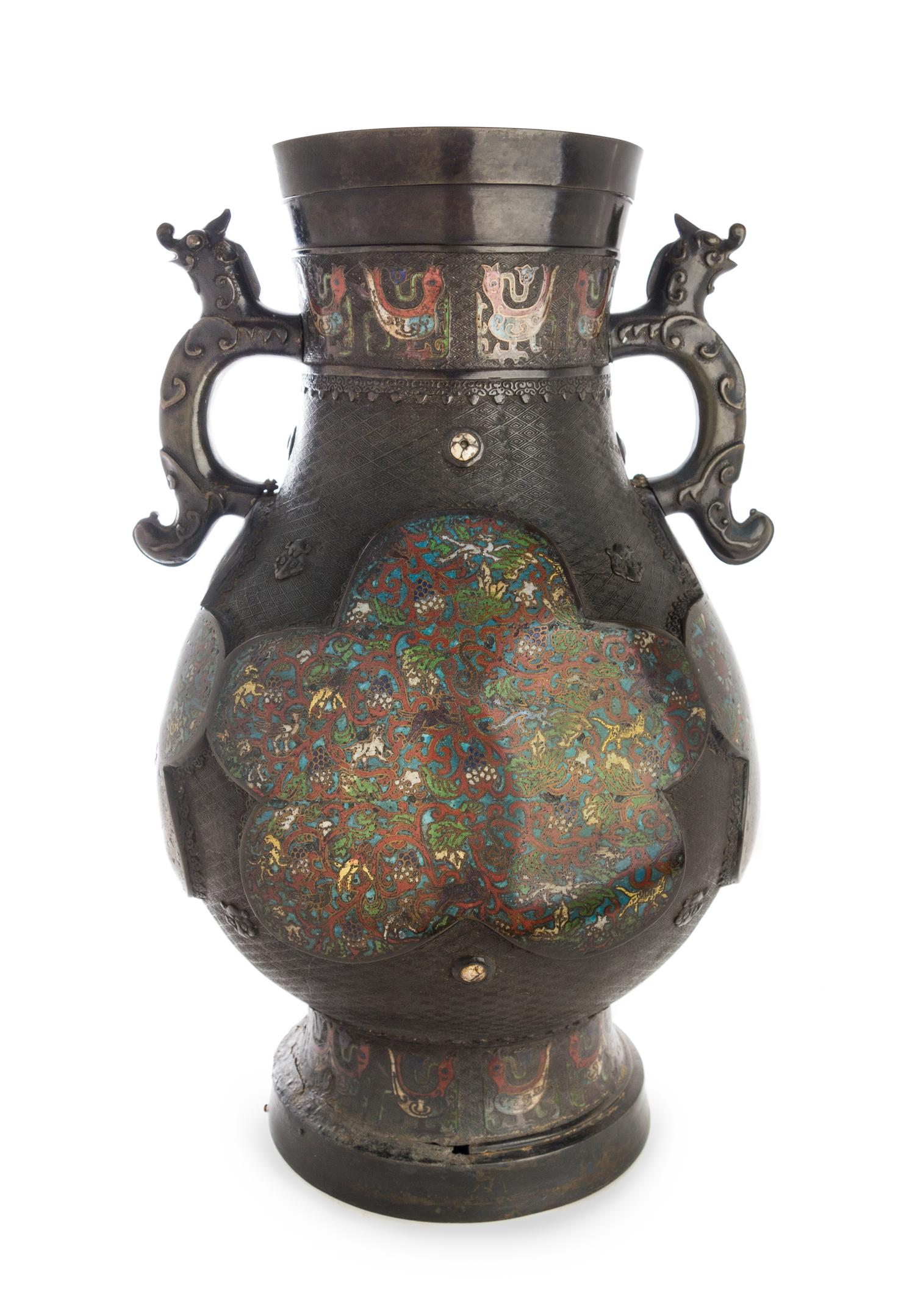 A Japanese Champleve Decorated Bronze Vase Height 23 1/4 inches.