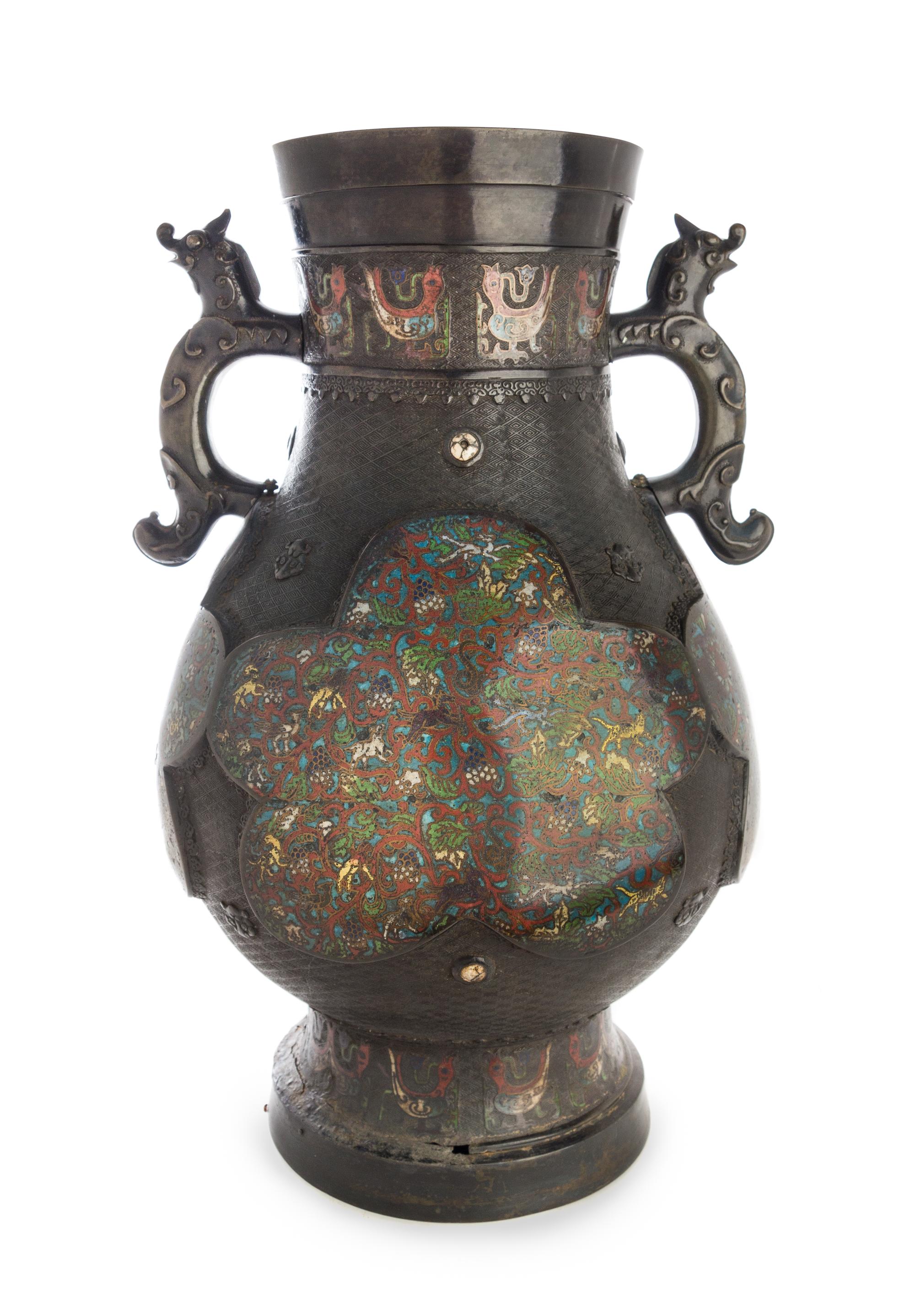 A Japanese Champleve Decorated Bronze Vase Height 23 1/4 inches.