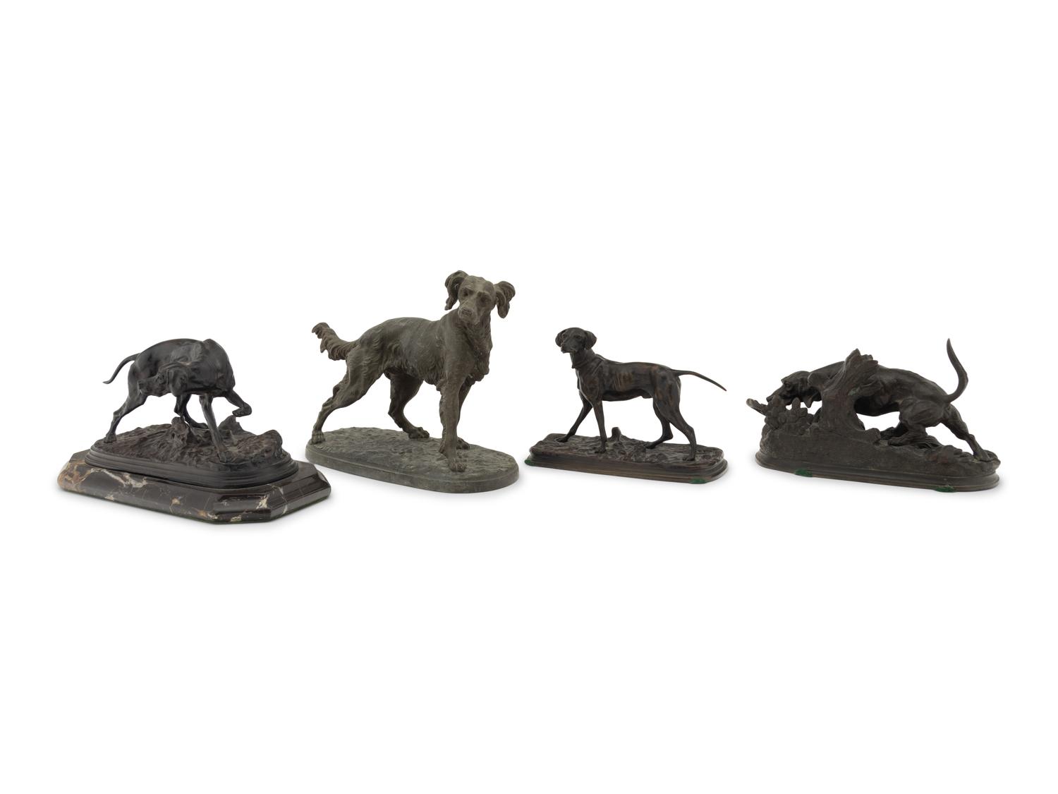 A Group of Seven French Bronze and Patinated Metal Animalier Groups