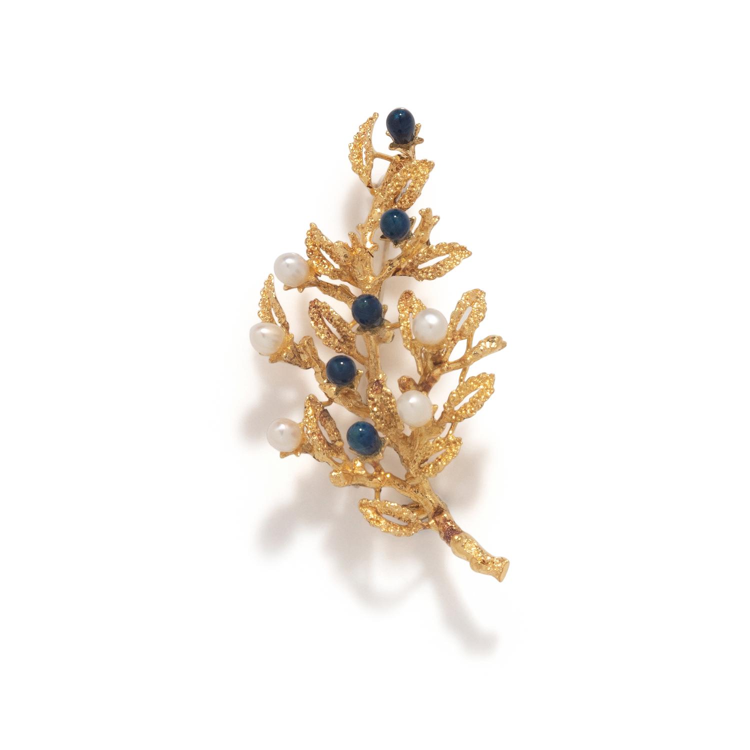 LAPIS LAZULI, CULTURED PEARL, AND YELLOW GOLD FOLIATE BROOCH