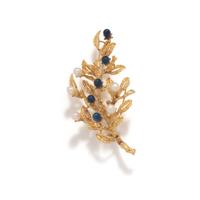 LAPIS LAZULI, CULTURED PEARL, AND YELLOW GOLD FOLIATE BROOCH
