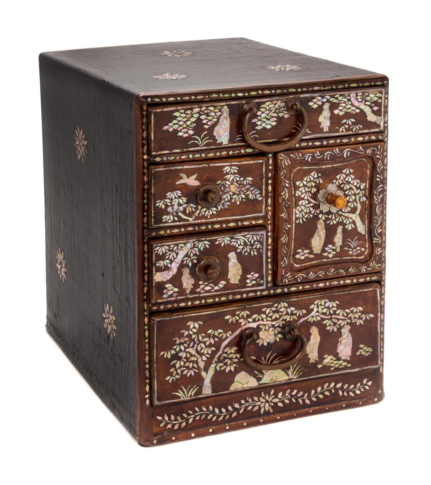 A Small Korean Mother-of-Pearl Inlaid Lacquered Wood Chest Height 10 x width 8 x depth 9 inches.