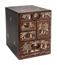 A Small Korean Mother-of-Pearl Inlaid Lacquered Wood Chest Height 10 x width 8 x depth 9 inches.
