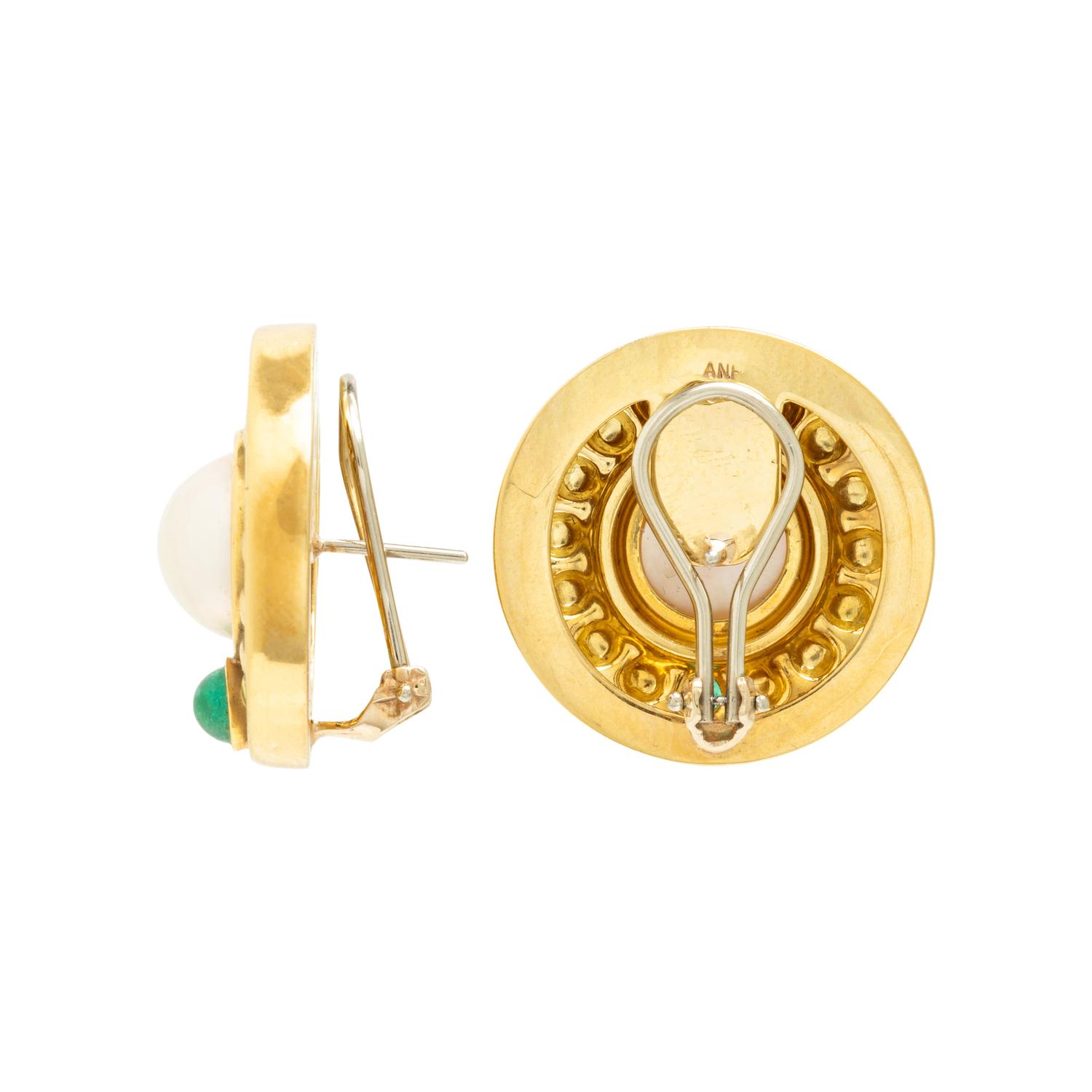 Mabé Pearl, Emerald, and Yellow Gold Earrings