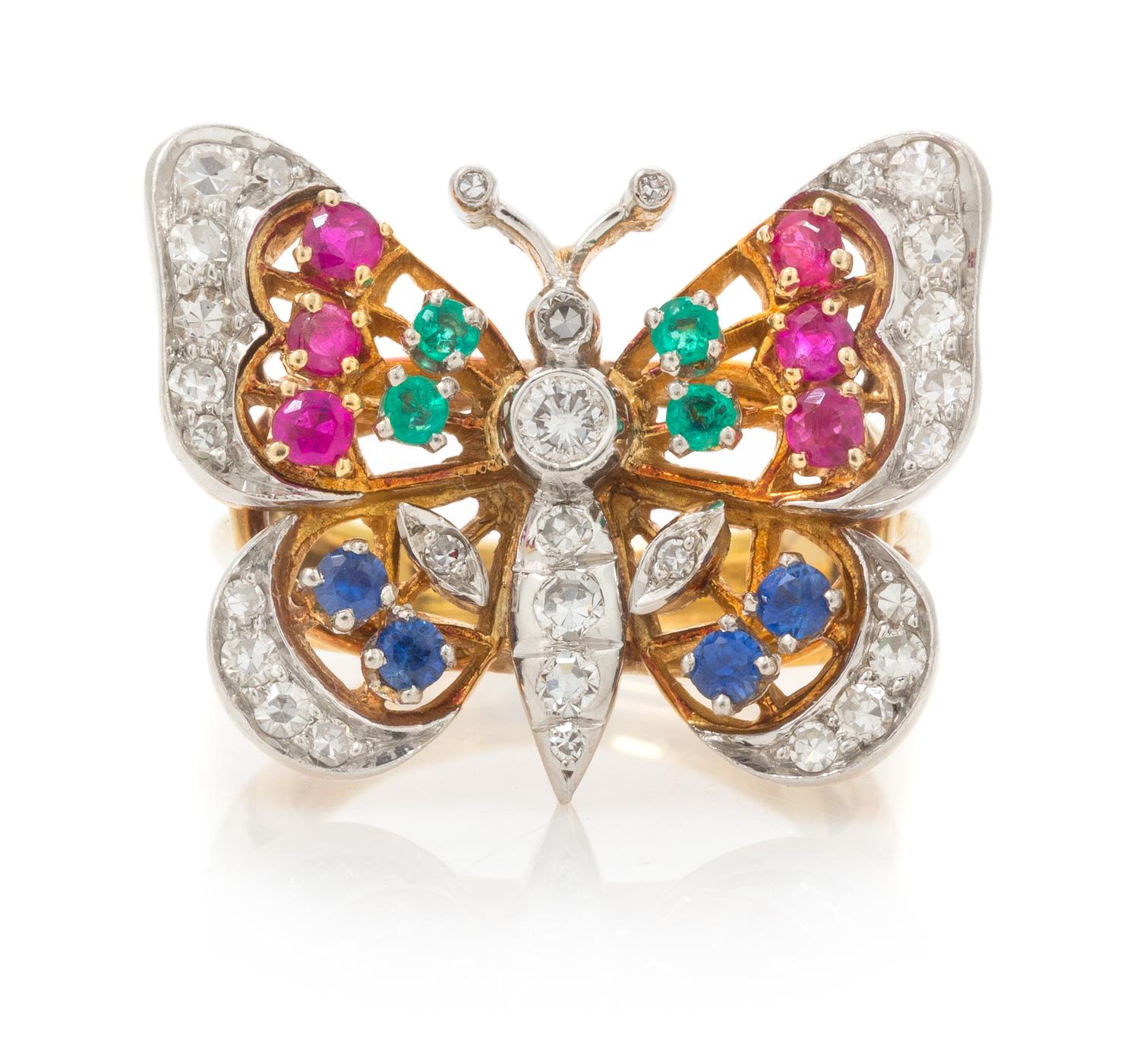 A Platinum Topped Gold, Diamond, Ruby, Sapphire and Emerald Butterfly Motif Ring, 5.30 dwts.