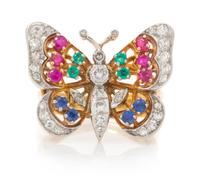 A Platinum Topped Gold, Diamond, Ruby, Sapphire and Emerald Butterfly Motif Ring, 5.30 dwts.