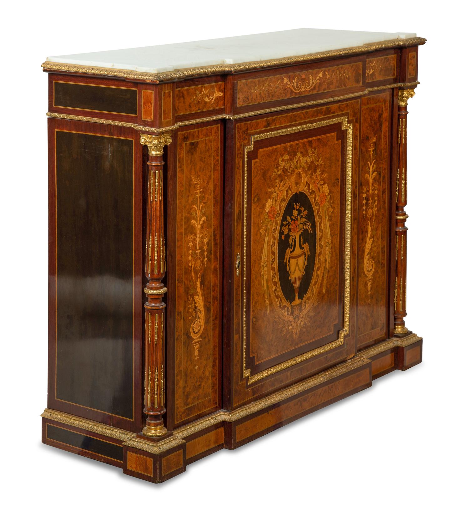 A Napoleon III Style Gilt Bronze Mounted Marquetry Marble-Top Cabinet