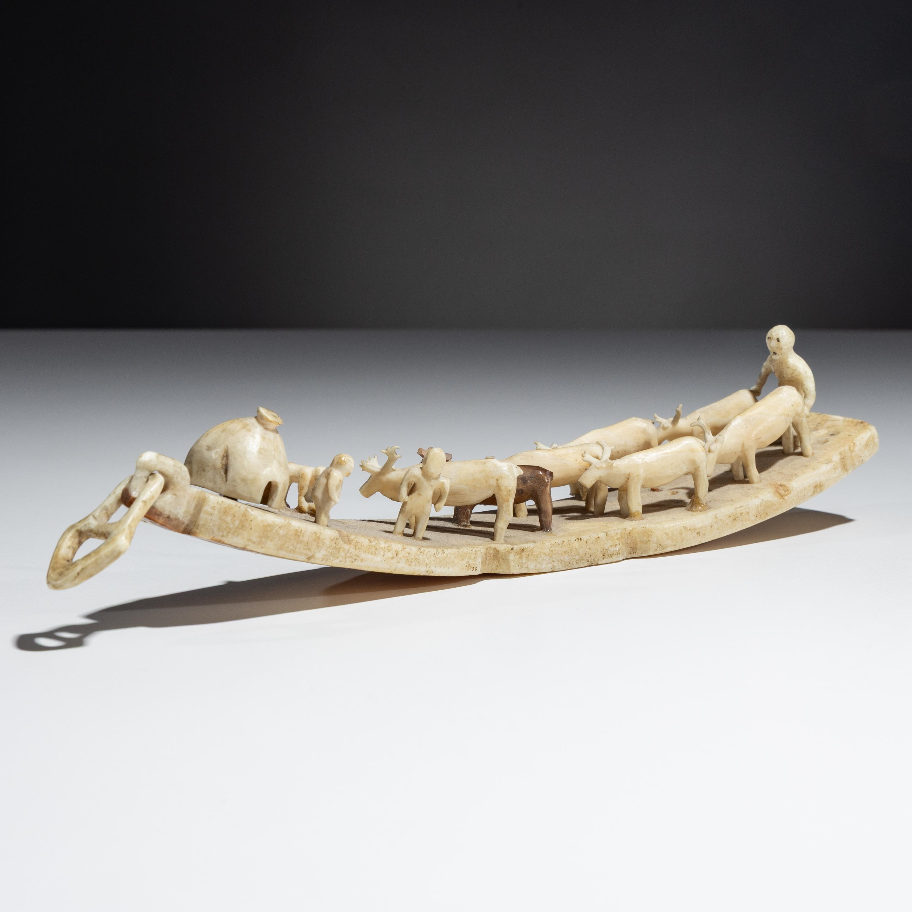 Inupiat Carved Miniature Model, Herding Reindeer