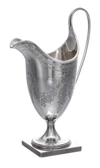 A George III Silver Creamer, Hester Bateman, London, 1782, of slender cylindrical form, worked to show floral swags and ribbons.