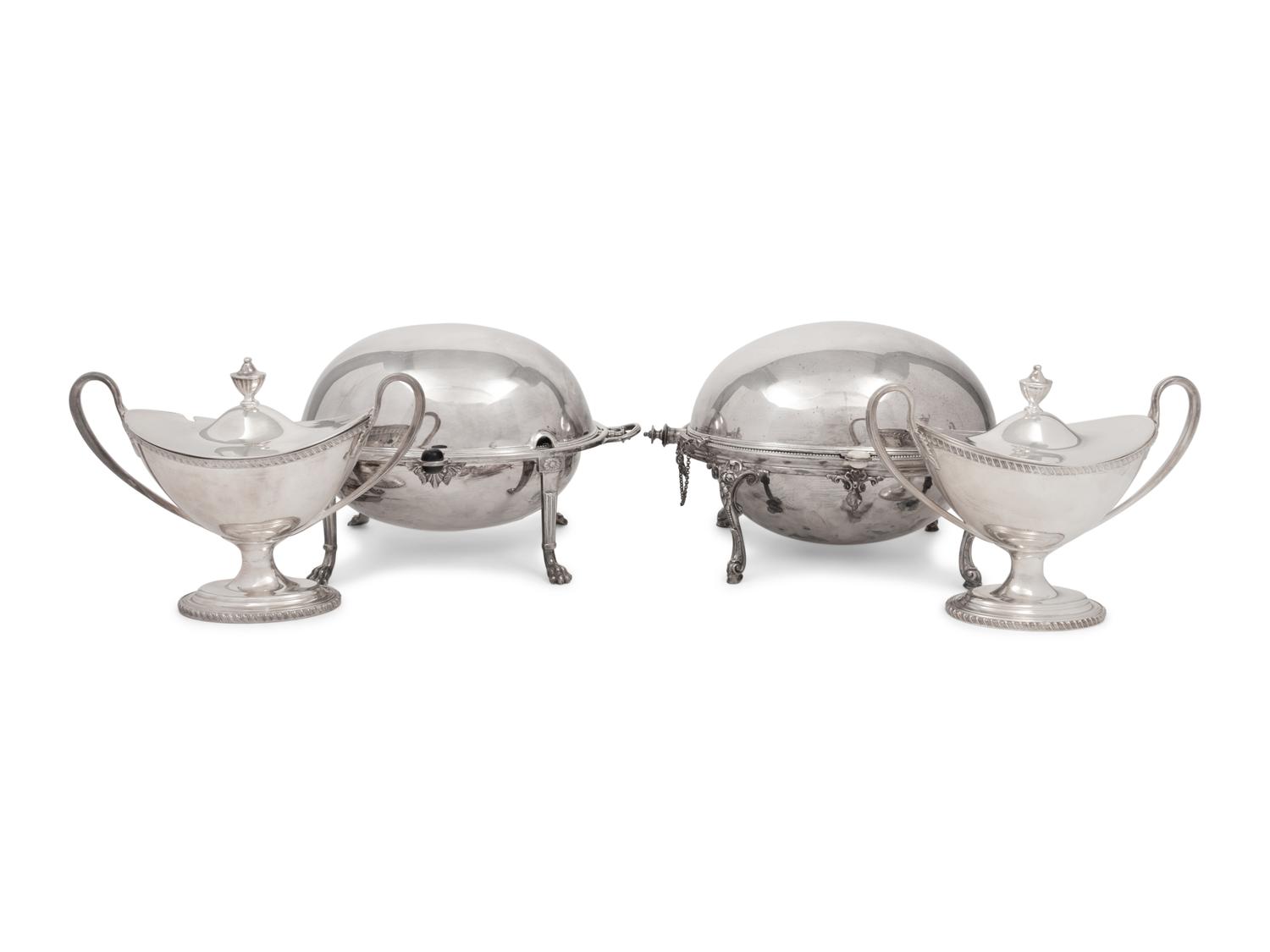 A Pair of Silver-Plate Sauce Tureens and Two Silver-Plate Warmers