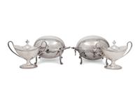 A Pair of Silver-Plate Sauce Tureens and Two Silver-Plate Warmers