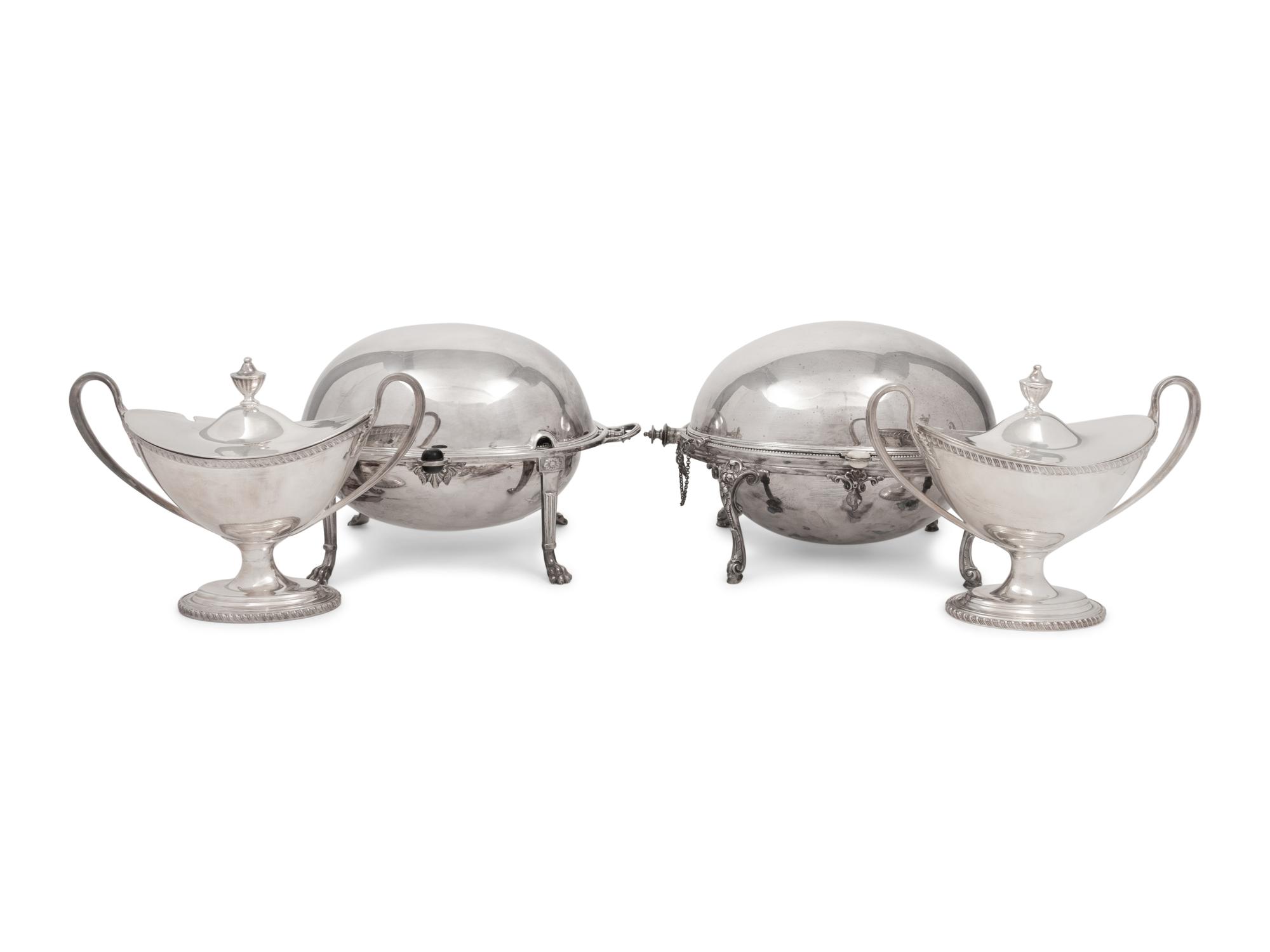 A Pair of Silver-Plate Sauce Tureens and Two Silver-Plate Warmers
