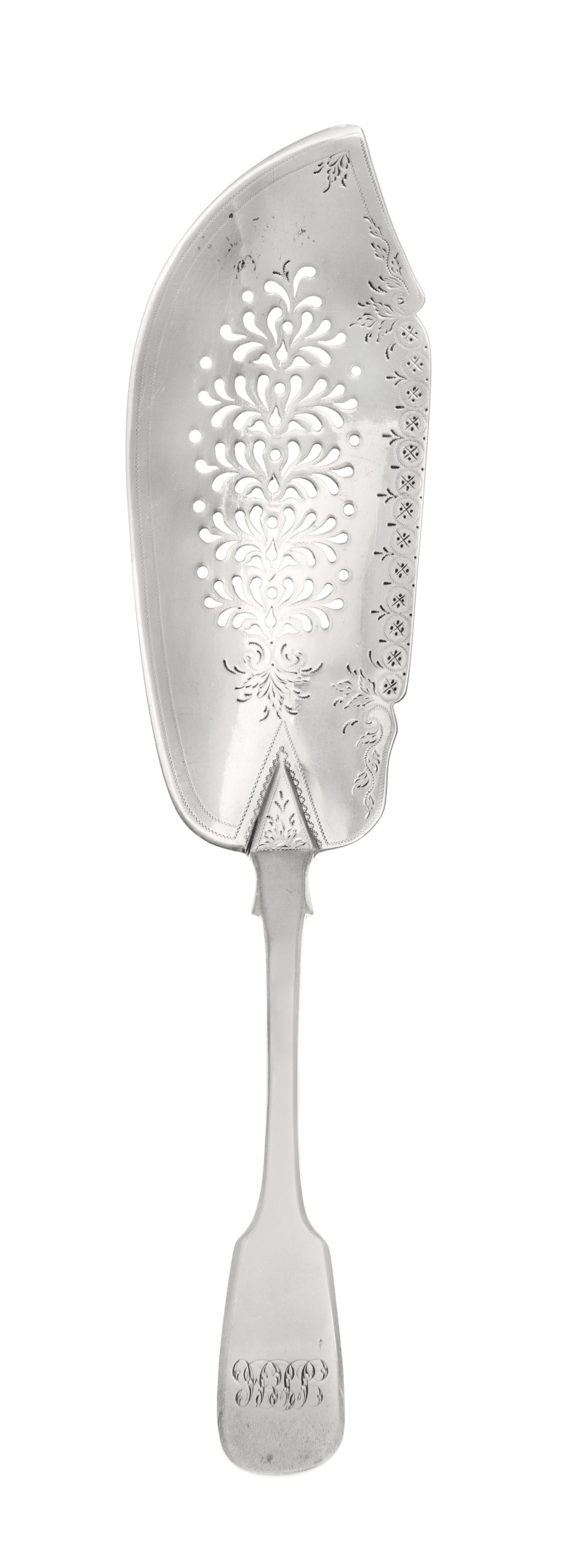 A George IV Silver Fish Server, James Beebe, London, 1829, the pierce decorated blade with a fiddle-form handle with an engraved script
