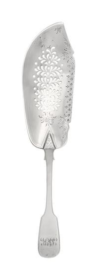 A George IV Silver Fish Server, James Beebe, London, 1829, the pierce decorated blade with a fiddle-form handle with an engraved script