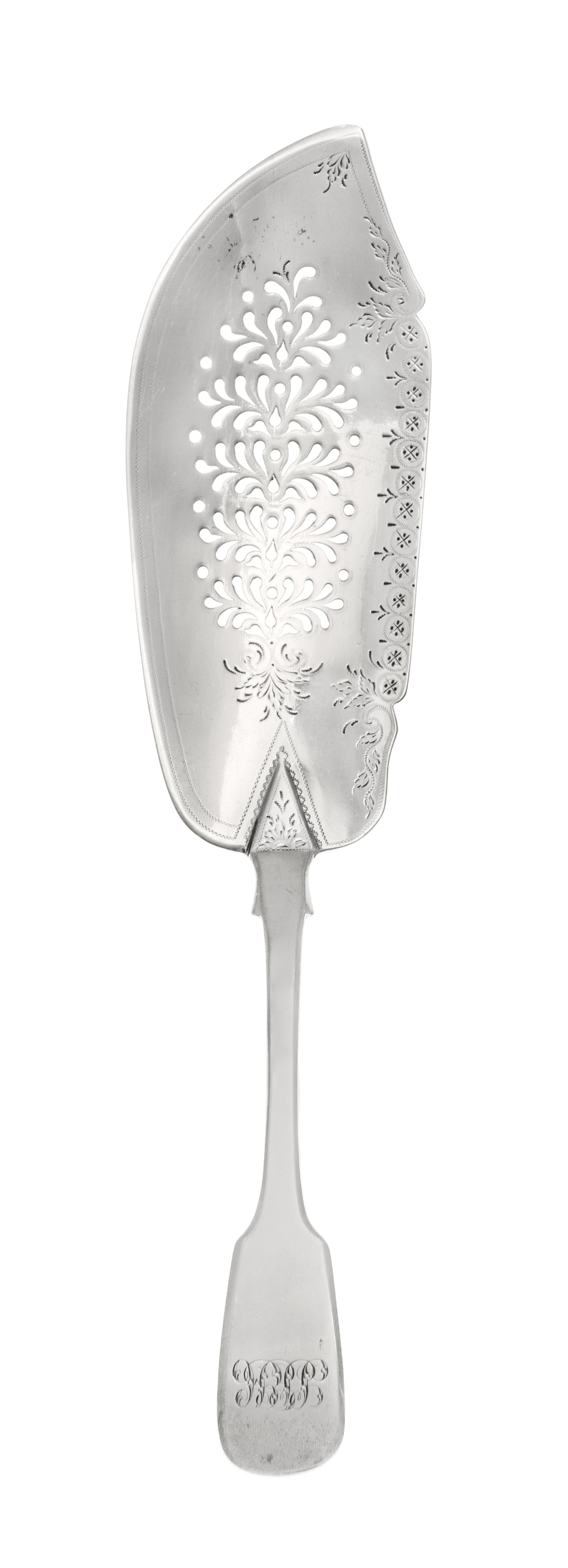 A George IV Silver Fish Server, James Beebe, London, 1829, the pierce decorated blade with a fiddle-form handle with an engraved script